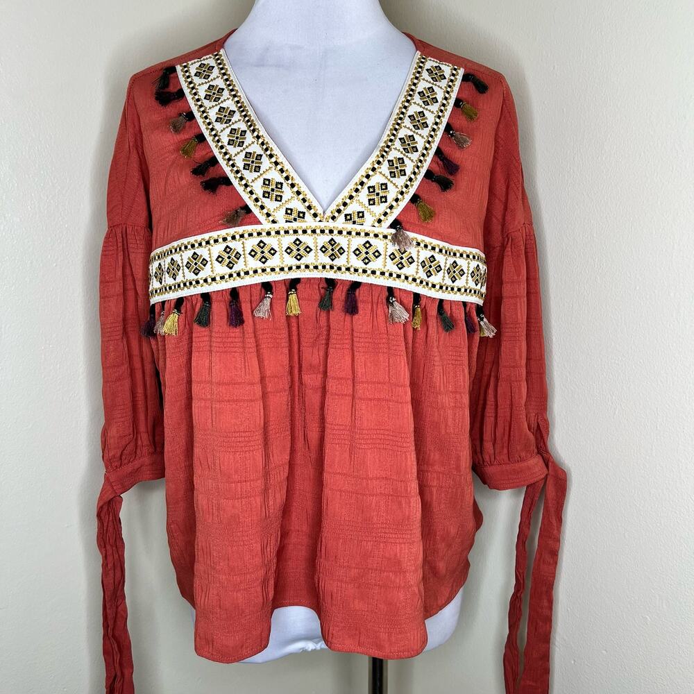 Emery Rose Top XS Orange Bohemian Tasseled V-Neck Tie Cuff Embroidered Hippie